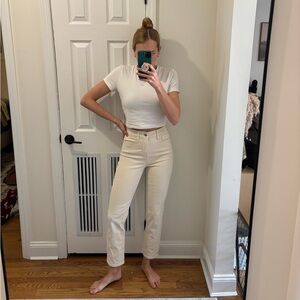 Good American beige high waisted straight leg jeans